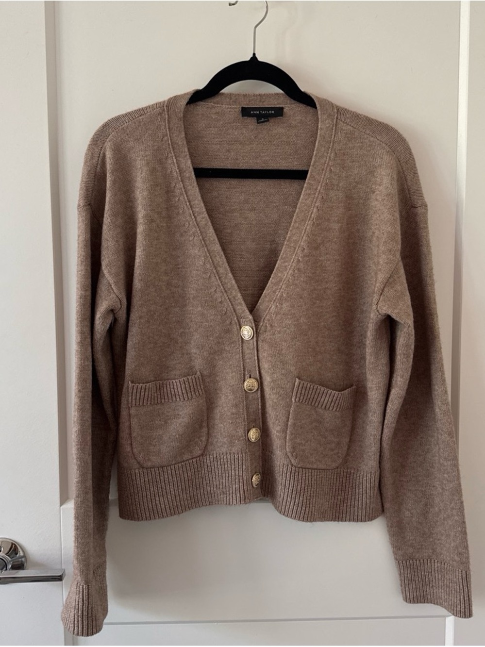 Ann Taylor Taupe V-Neck Button Cardigan